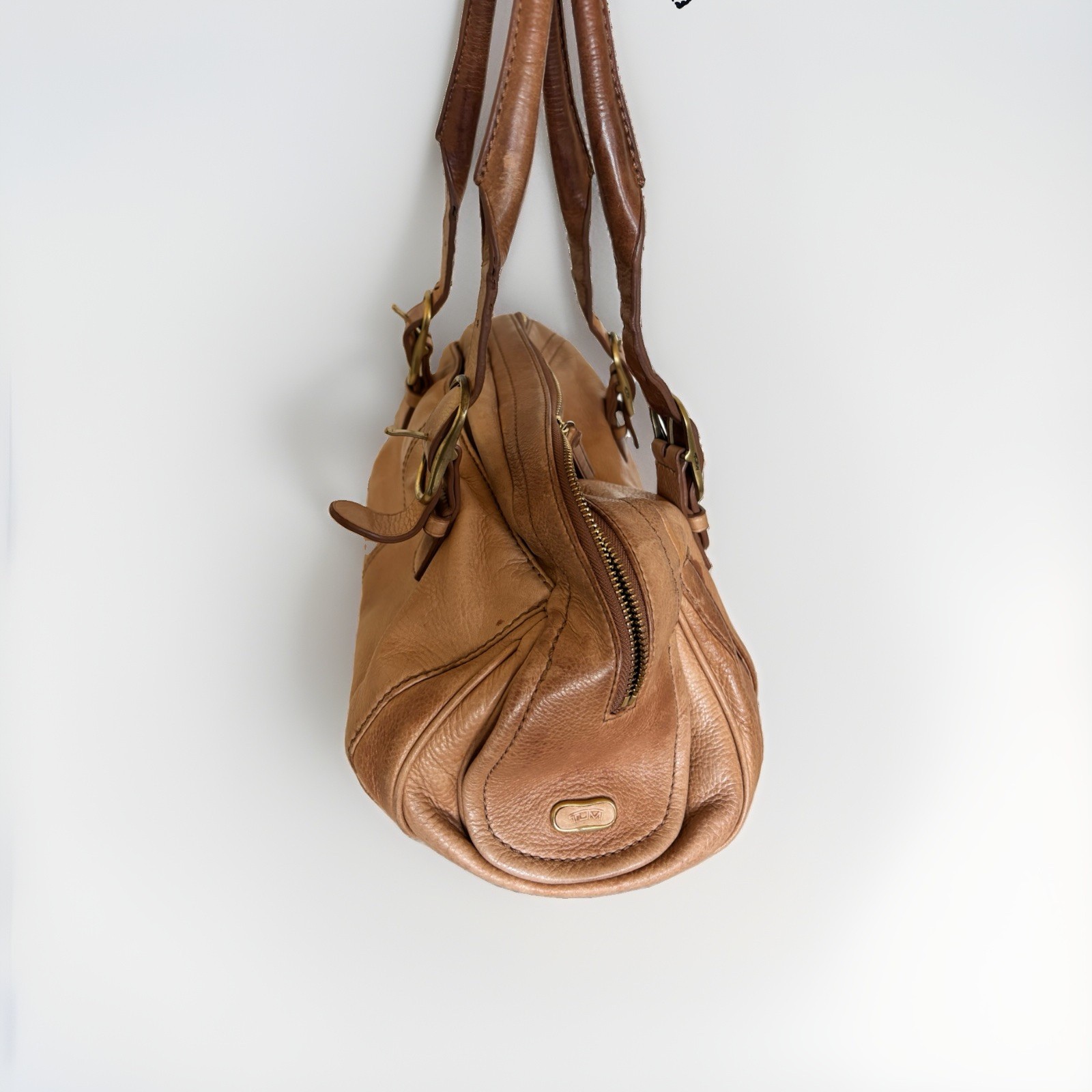 TUMI Brown Medium Satchel Top Handle Double Handles Zip, Strap, Pockets Gold