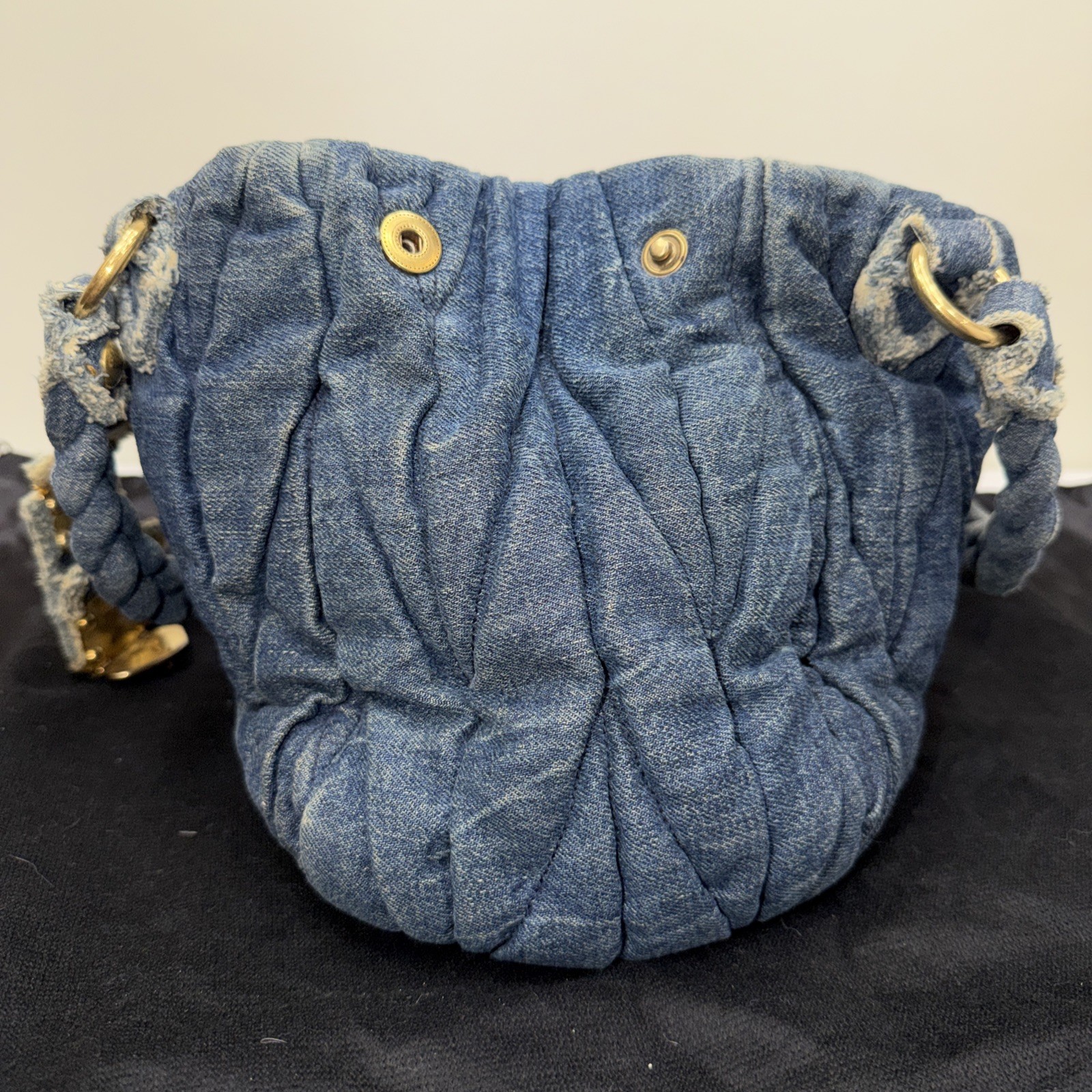 Miu Miu Bag Denim Purse Braided Quilted Small Handbag Gold Logo Hardware