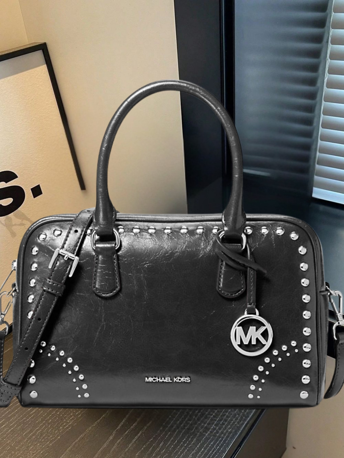 Michael Kors Thompson Women Medium Distressed Studded Satchel Purse Bag Black