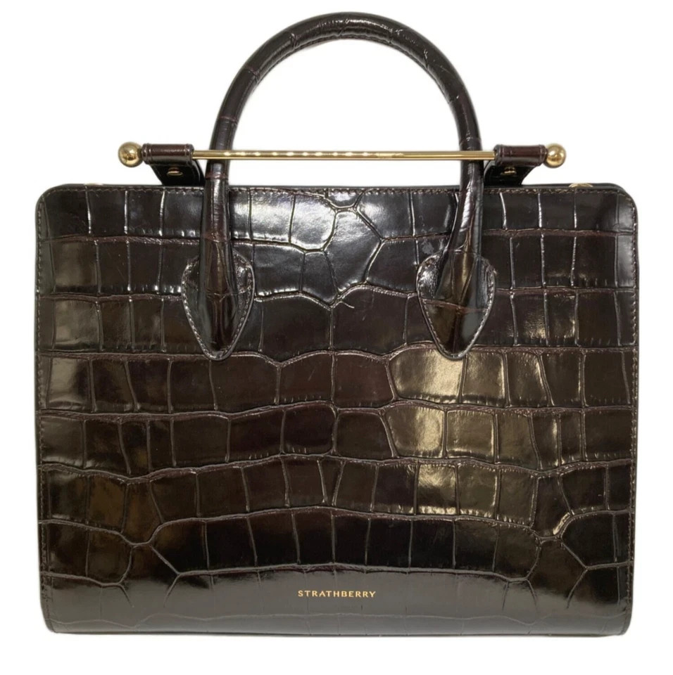 STRATHBERRY Midi Tote Croc Embossed Leather Handbag Brown 2Way Pre-owned