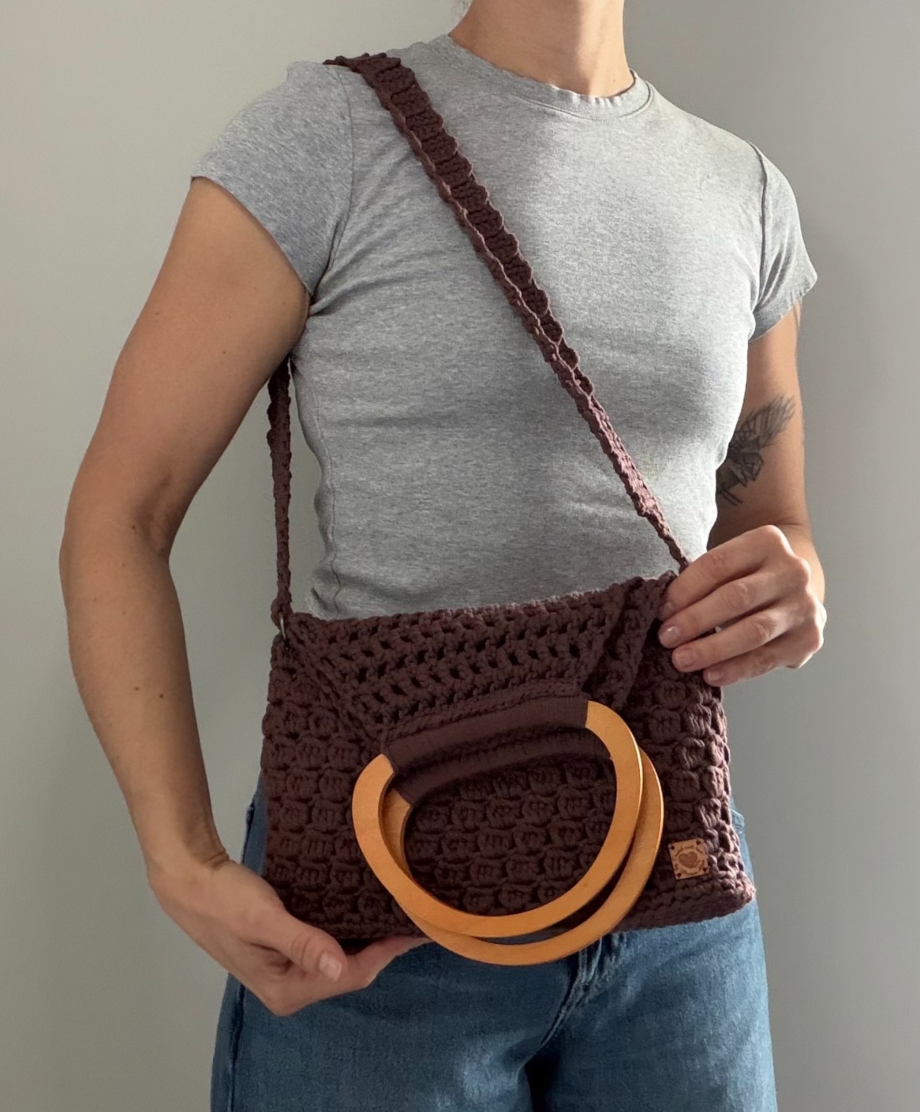Handmade Crochet Cotton Tote Bag Brown | Wooden Handle & Crossbody Strap | Boho