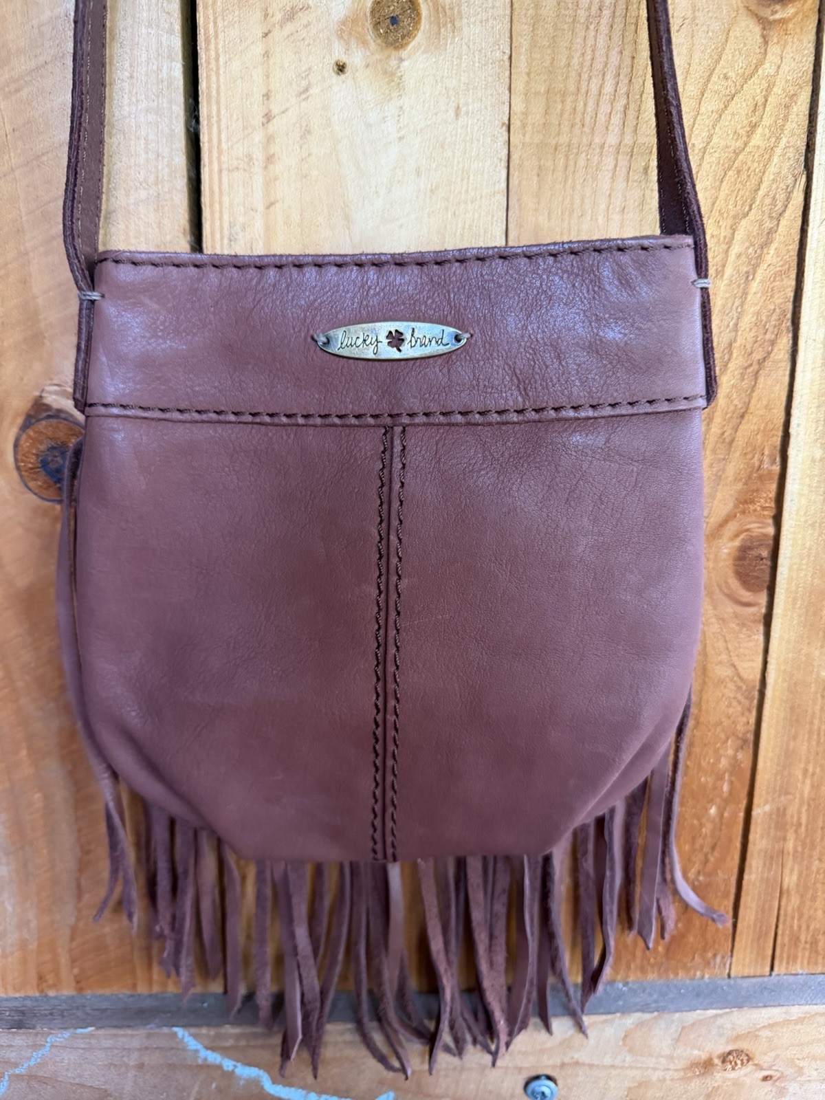 Lucky Brand Brown Crossbody Bag Zip Closure Fringe Beaded Gold Boho Western