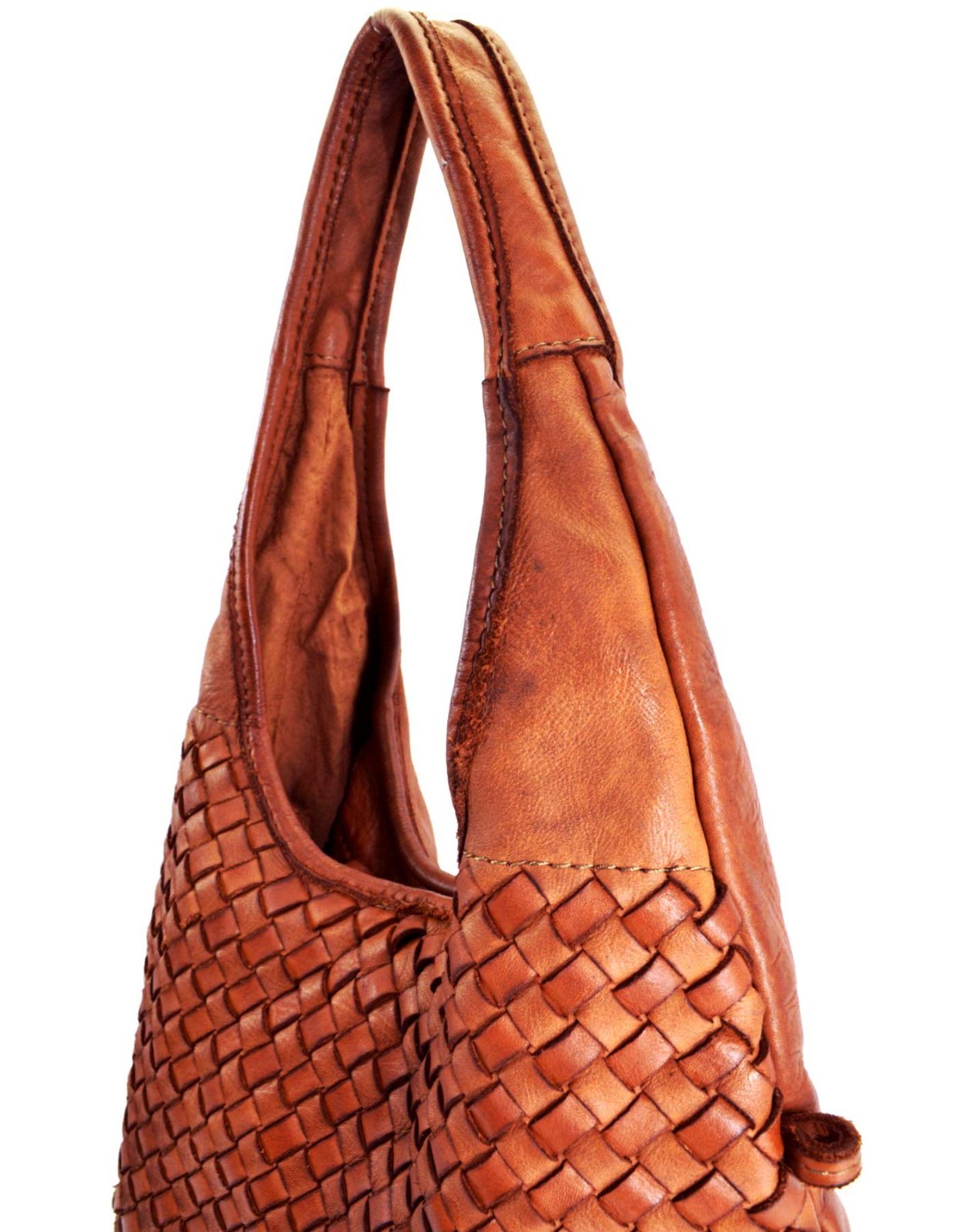 ITALIAN HAND-WOVEN VINTAGE-WASHED CALF LEATHER HOBO SHOULDER BAG – MADE IN ITALY