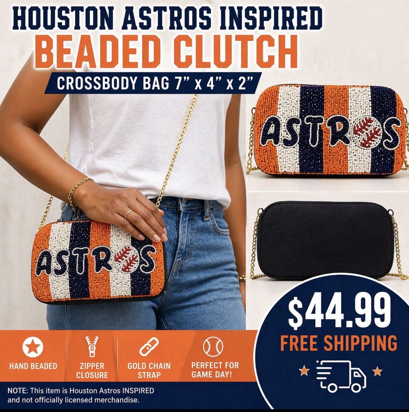 Houston Astros Inspired Beaded Clutch Crossbody Bag Orange Navy Star 7×4
