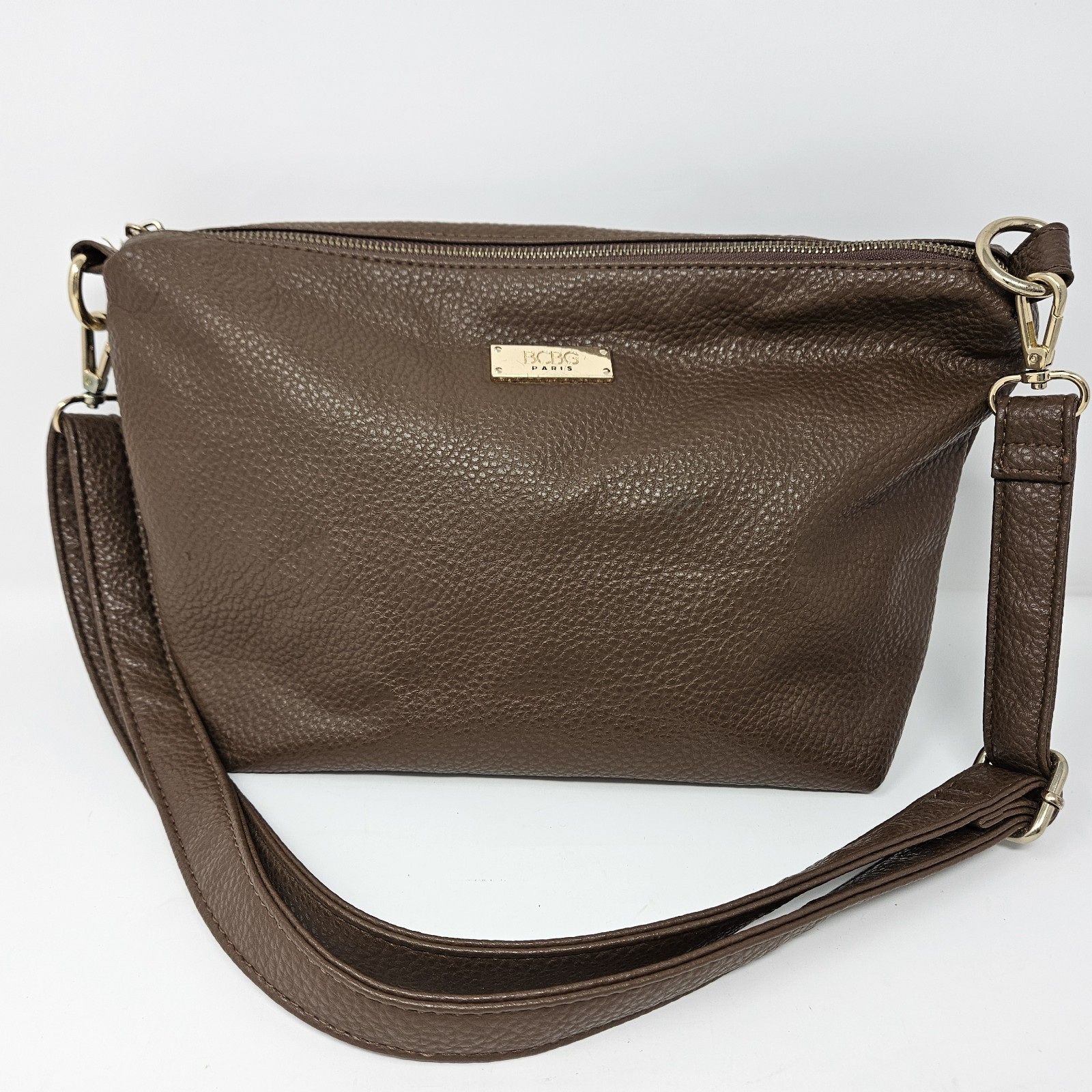 BCBG Paris Pebbled Brown Gold Accent Top Zip Shoulder Or Crossbody Bag