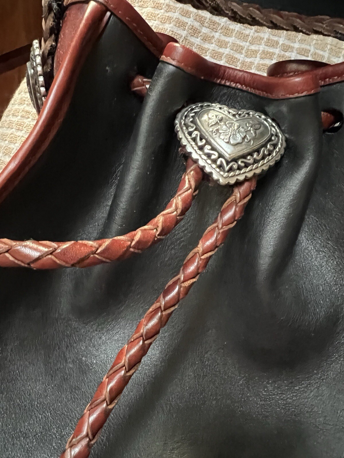 BRIGHTON Leather Drawstring Bag – Black With Brown Trim – NEW!