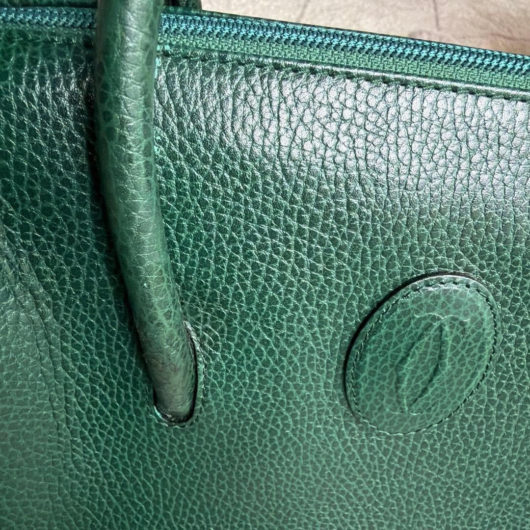 Must de Cartier Authentic Green Handbag Leather Tote 2C Zip w/ Dust bag, Card