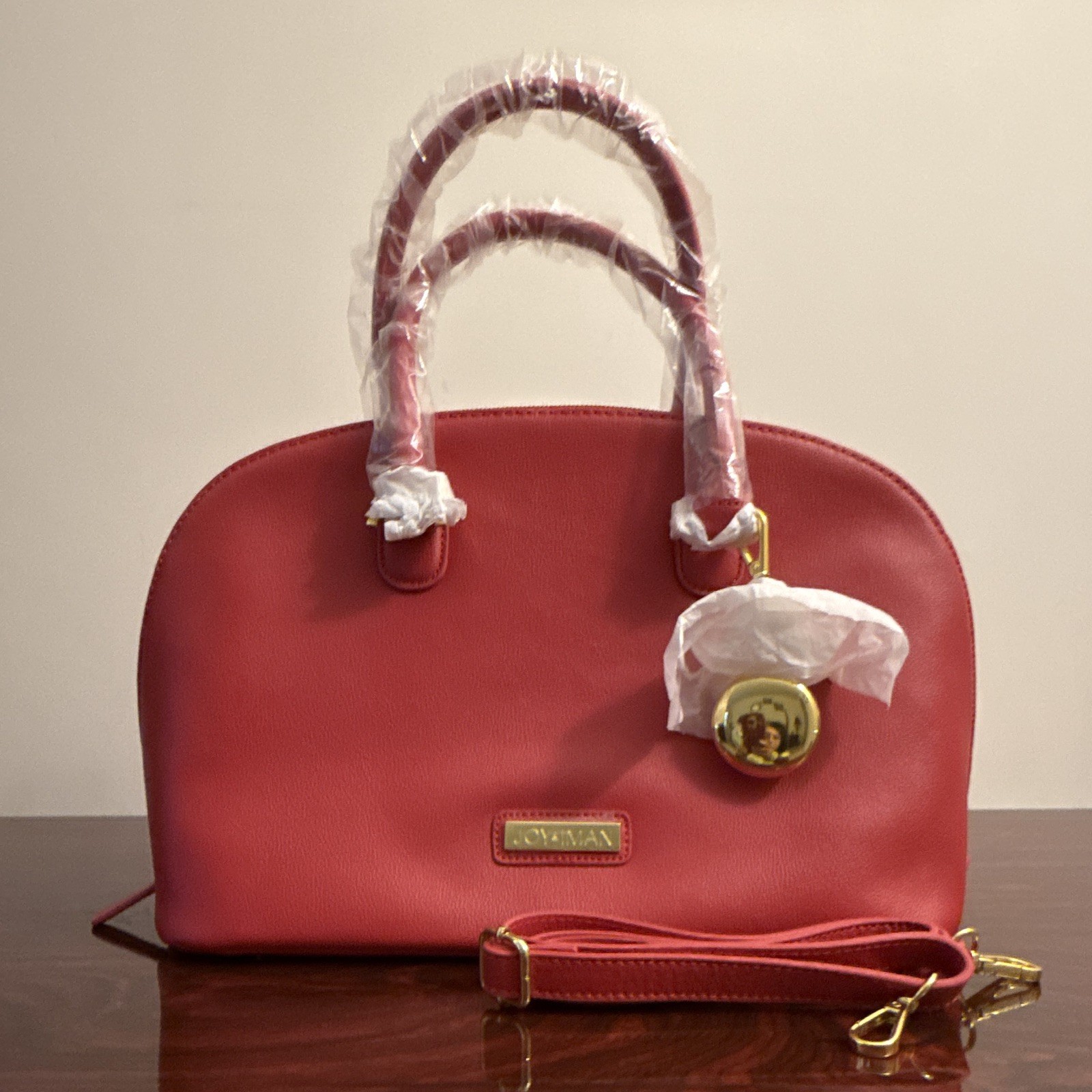 JOY & IMAN Red Medium Dome Satchel Zip Top Gold Hardware Detachable Strap