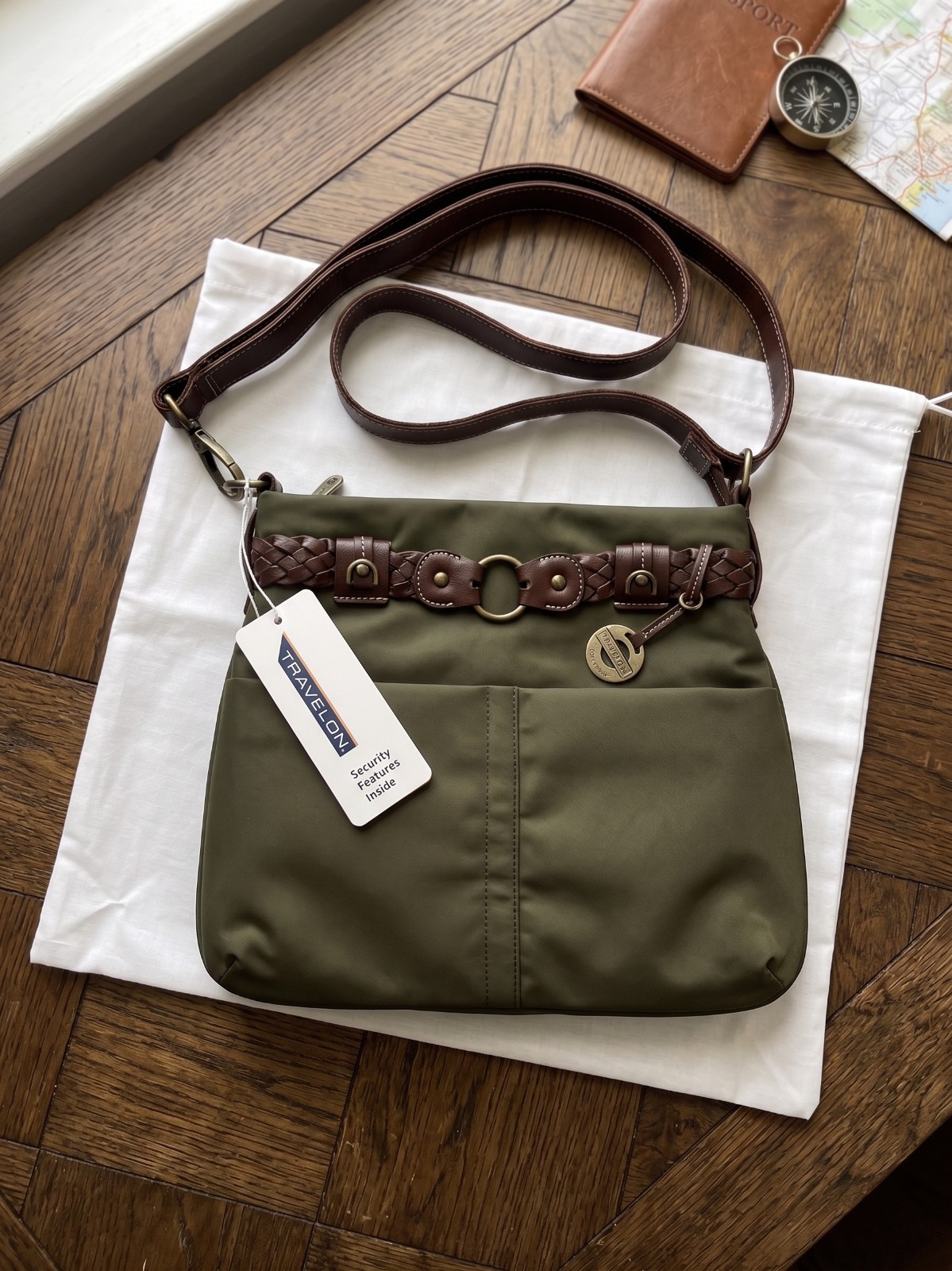 NWT Travelon Crossbody Bag Olive Green with Brown Braided Trim Travel Purse