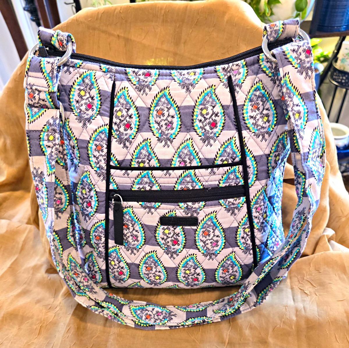 Vera Bradley Retired Gray Multicolor Paisley Striped Crossbody Bag Zip Lined