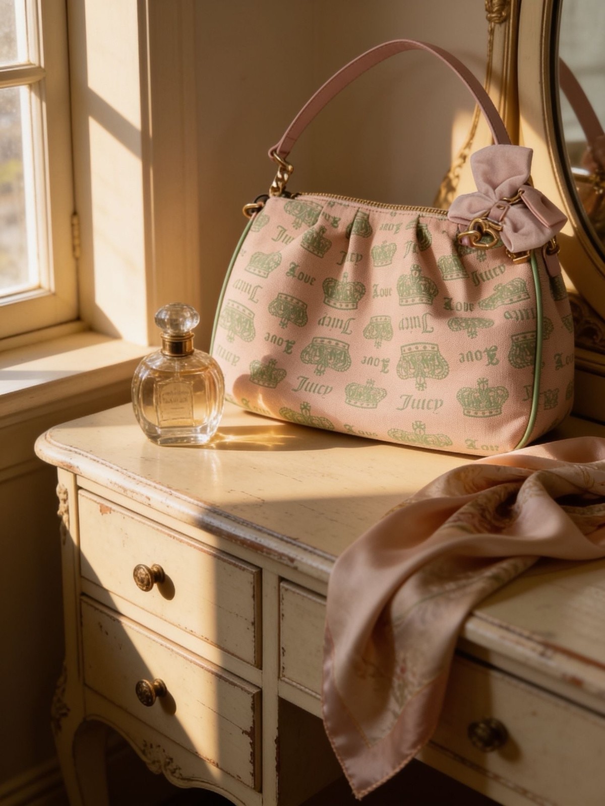 Juicy Couture Pink and Green Crown Print Bow Shoulder Bag