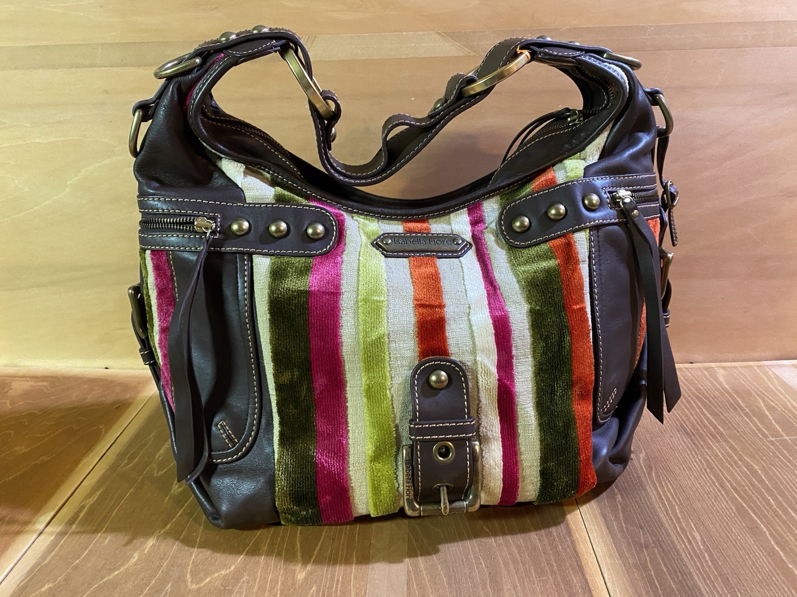 Rare Isabella Fiore Boho Stripe Buckle & Studded Leather Handbag Bag Purse Large