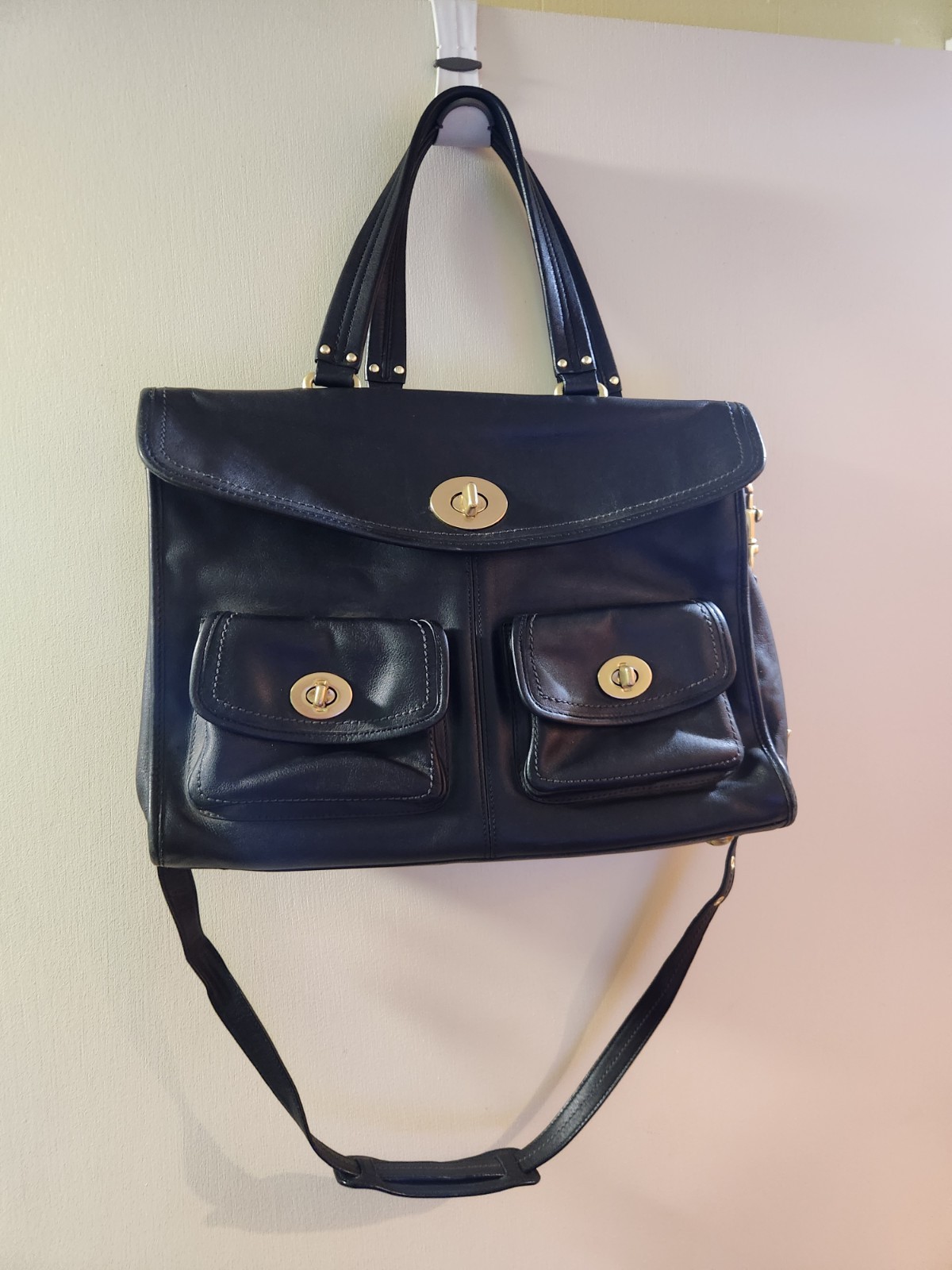 Vintage Coach Hampton Legacy Turn Lock Briefcase Shoulder Bag Leather Black
