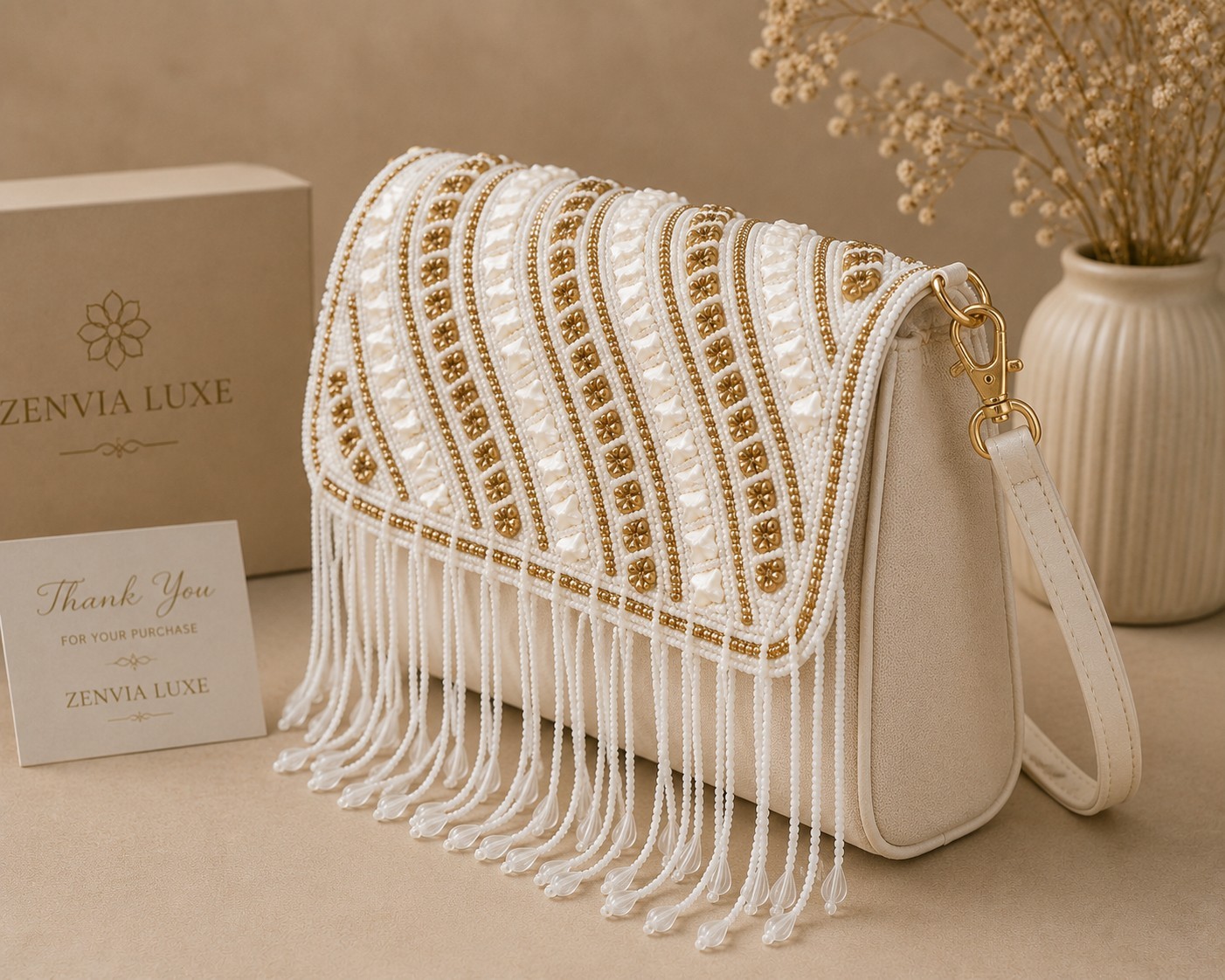 Zenvia Luxe Ivory White Gold Beaded Fringe Shoulder Bag Bridal Wedding Purse