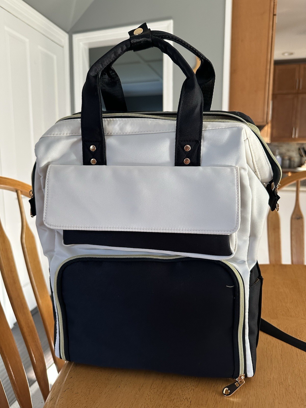 PACKUUMBAGS Backpack, Black/White Solid, Insulated lunch box & Adjustable Strap.