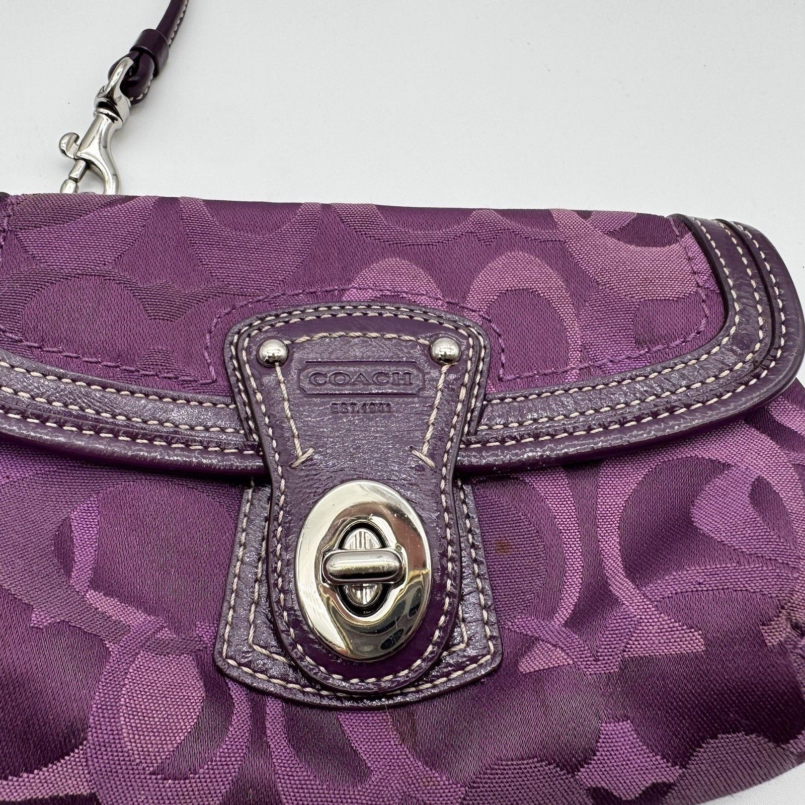 Coach Y2K Rare Purple Signature Fabric Leather Turnlock Mini Bag Wristlet