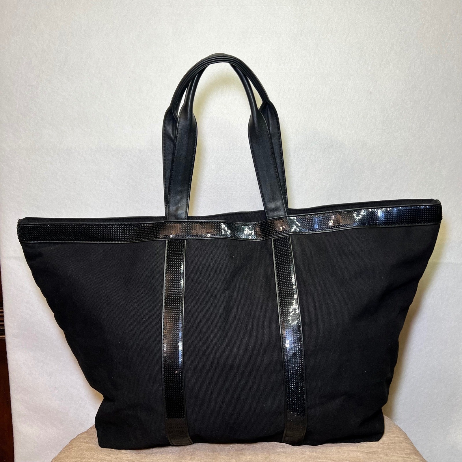 Victoria’s Secret Black Canvas Sequin Trim Tote Y2K Nostalgia Travel Beach Bag