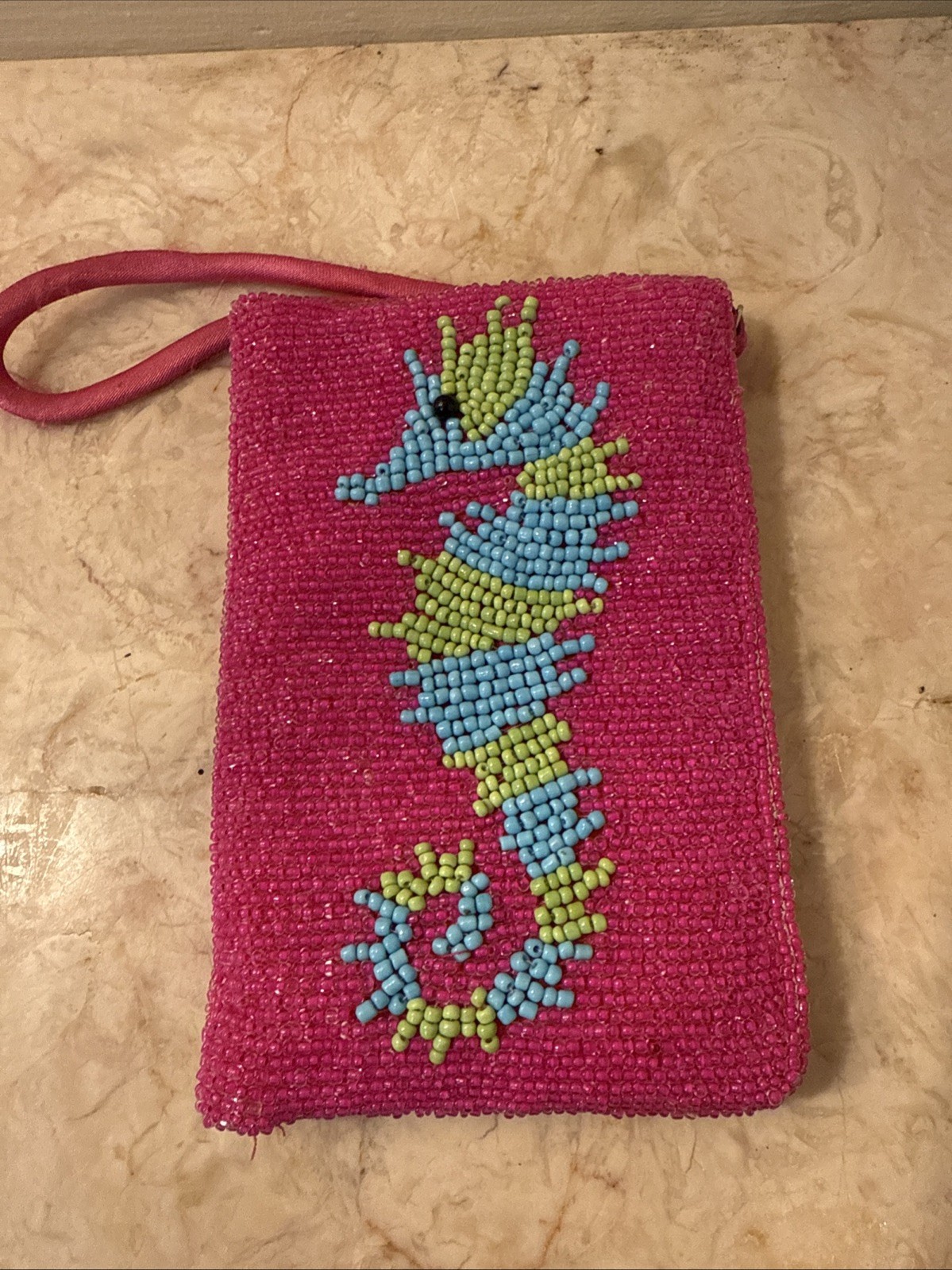 Beaded Sequin Seahorse Pink Blue Green With Zipper Coin Purse
