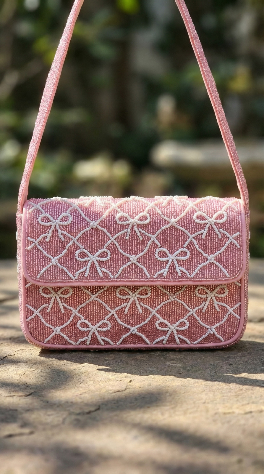 Pink Beaded Bow Shoulder Bag Coquette Aesthetic Handmade Evening Purse Flap Bag