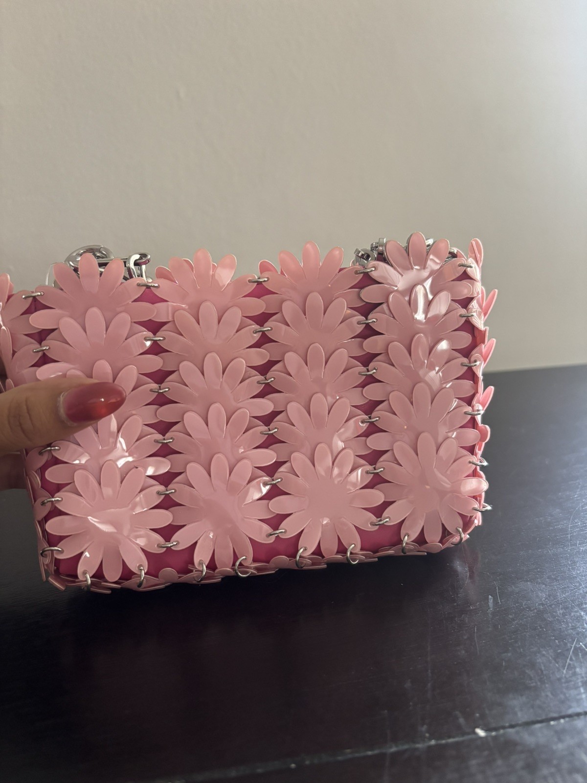 NWT Paco Rabanne vegan Leather small bag with Daisy Nano Pink flowers Authentic