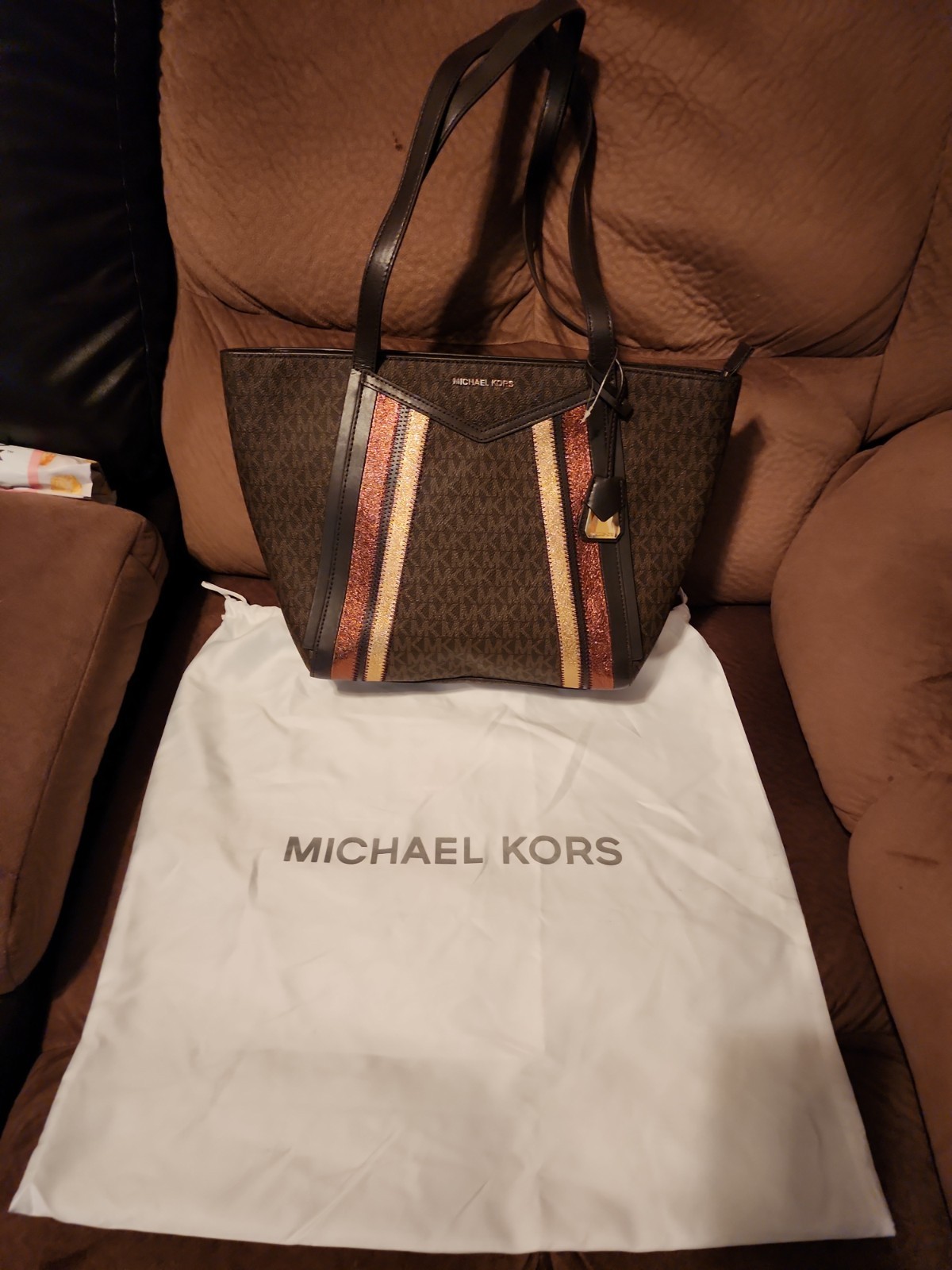 NWT Michael Kors Brown Tote Whitney Metallic Stripe Accent Large Shoulder Bag
