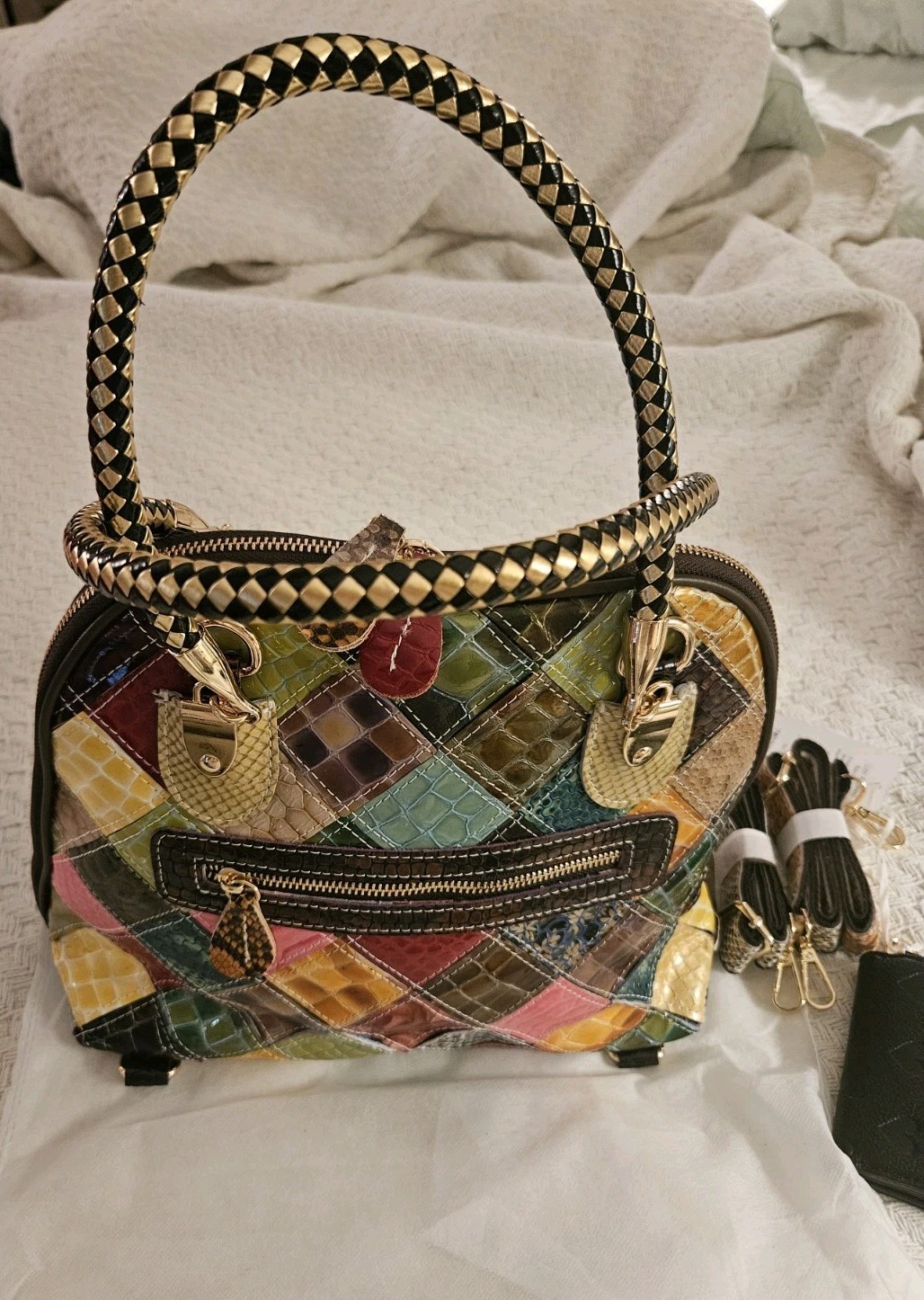 NEW Multi-Color Leather Croco Stitch Satchel Handbag Tote Shldr Bag w/Wallet