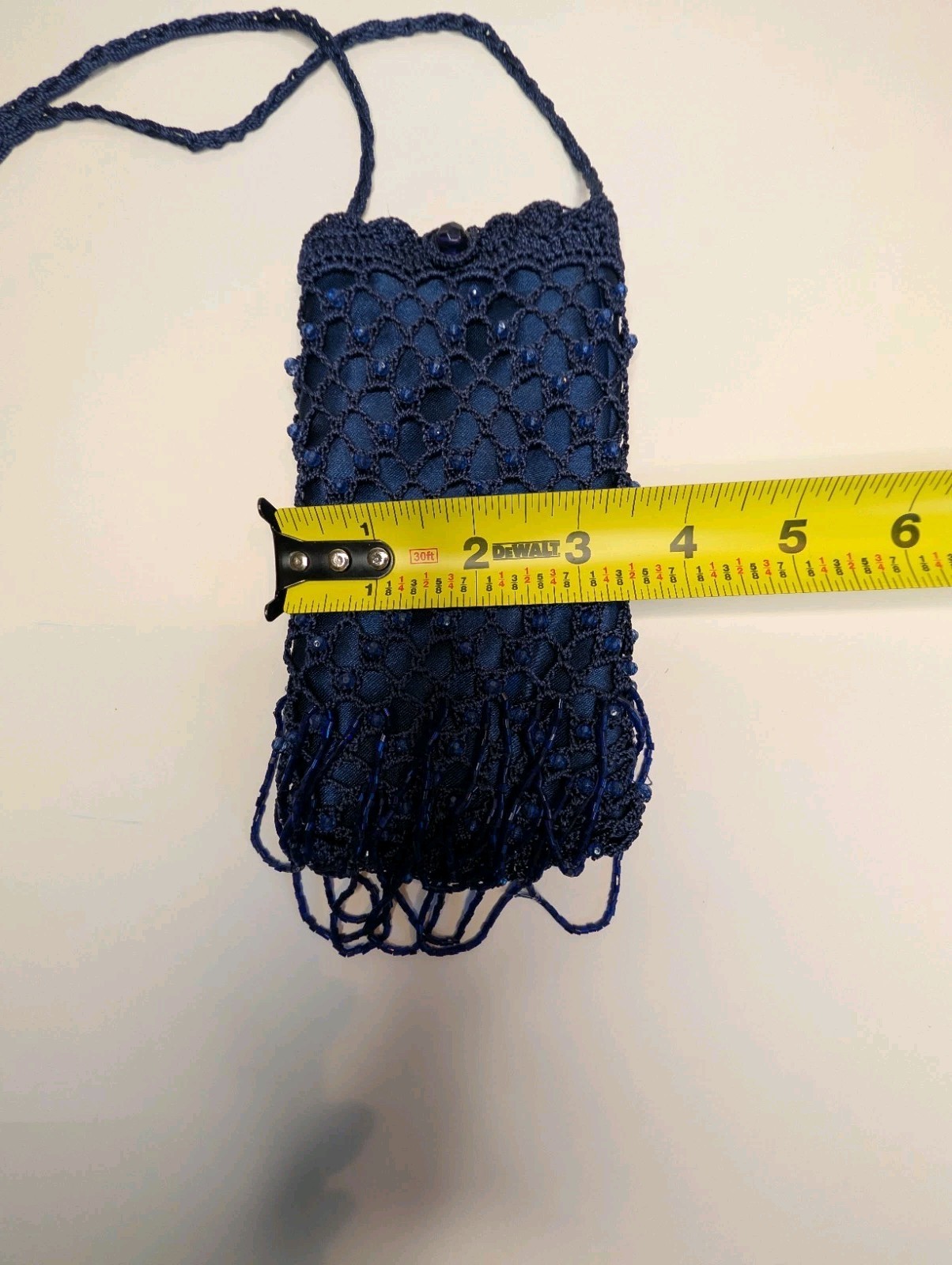 Blue Crochet Beaded Fringe Crossbody Bag Button Closure Lined Solid