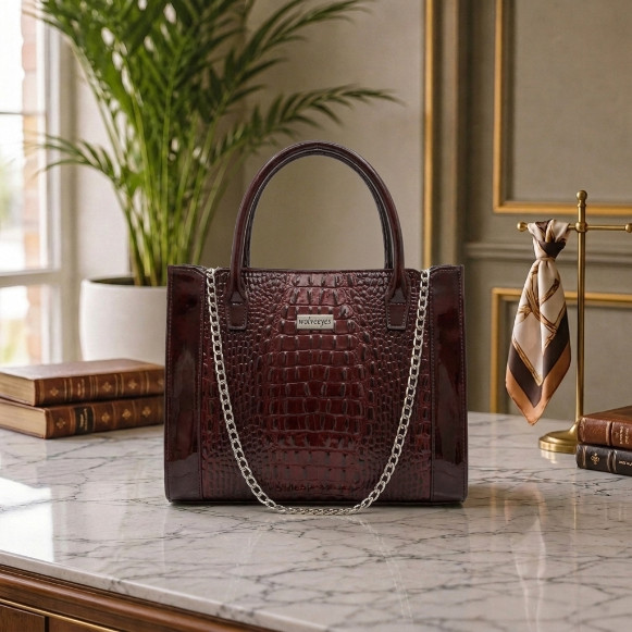 Croc Embossed Patent Leather Satchel Chain Strap New Oxblood Handbag