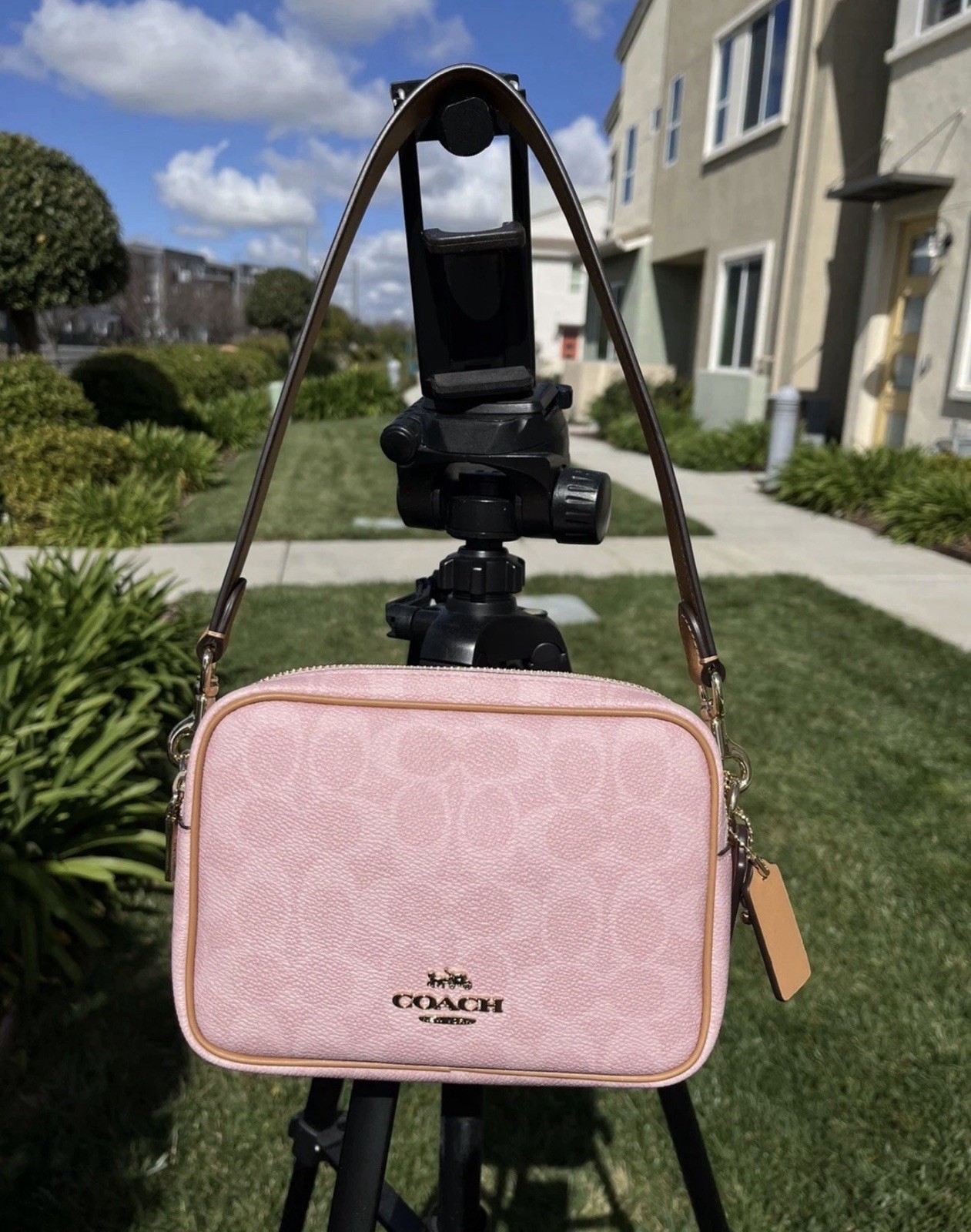 NWT Coach CEK74 Mini Carey Crossbody Bag In Signature With Charms powder pink