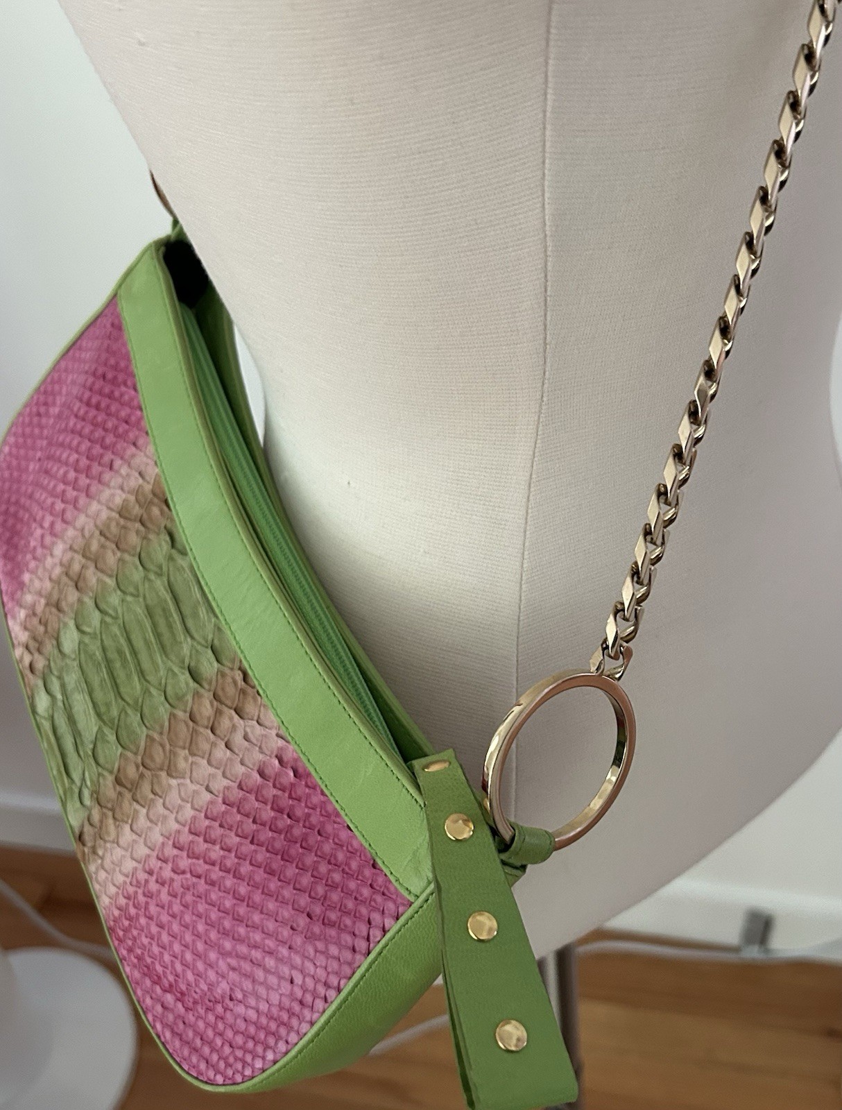 CLAUDIA CIUTI Made in Italy Snake skin Pnk & Green Leather bag with gold chain