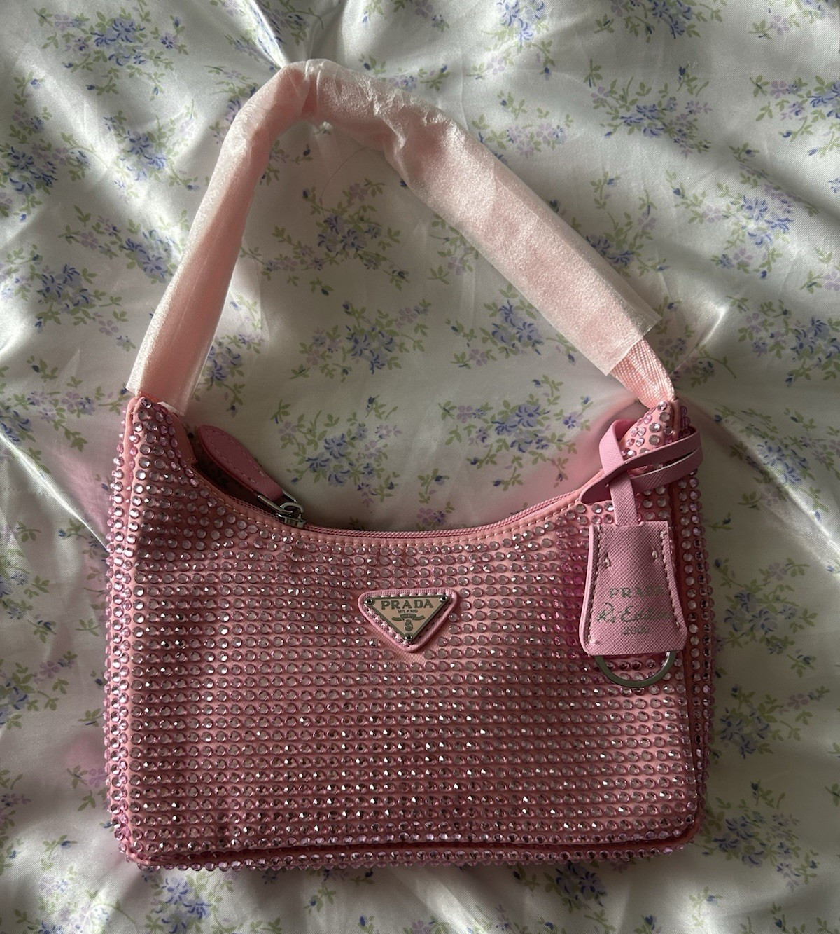 PRADA re-edition Pink Crystal Embellished Small Shoulder Bag w/ Charm