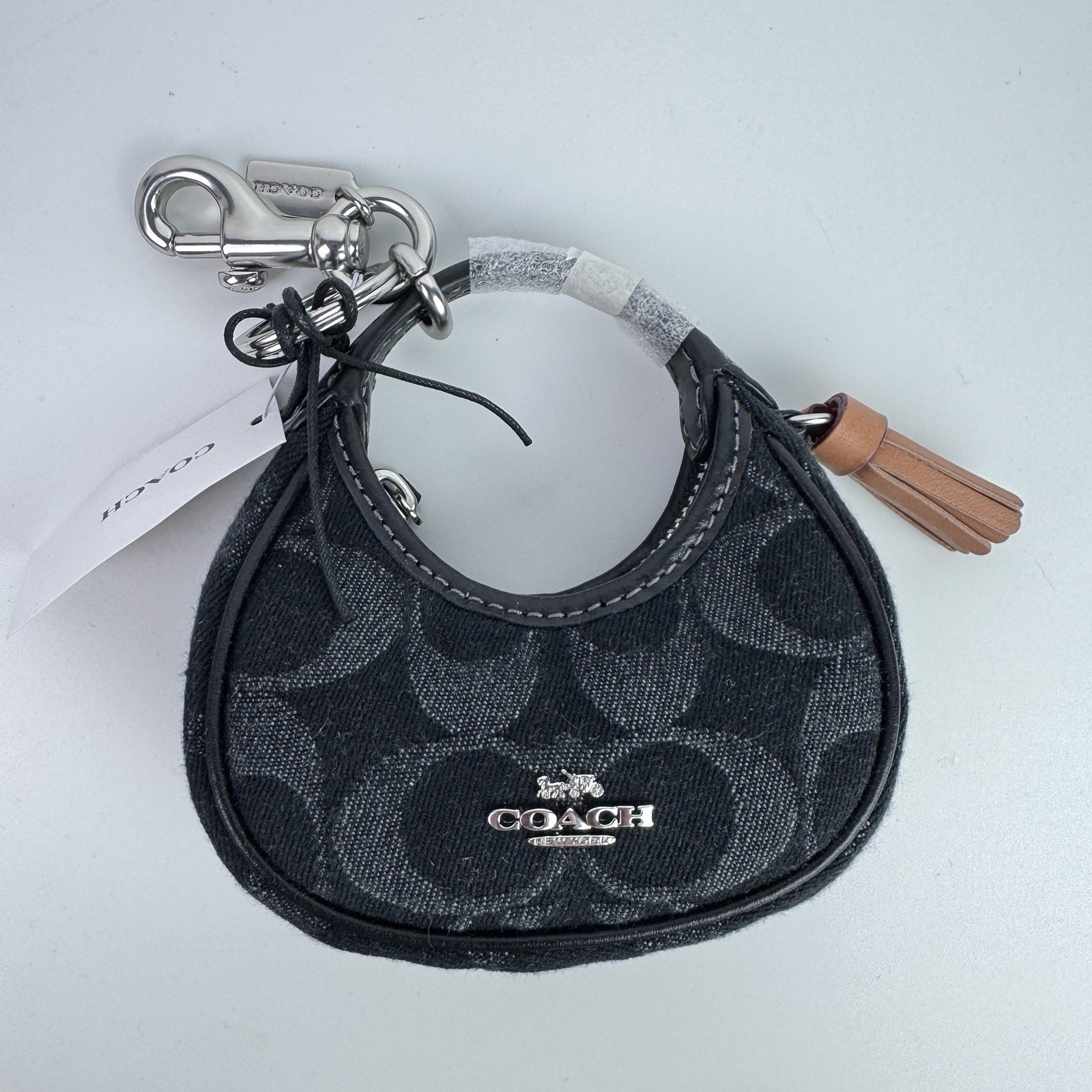 NWT Coach CDB53 Micro Carmen Bag Charm Key Chain Signature Black Denim Silver