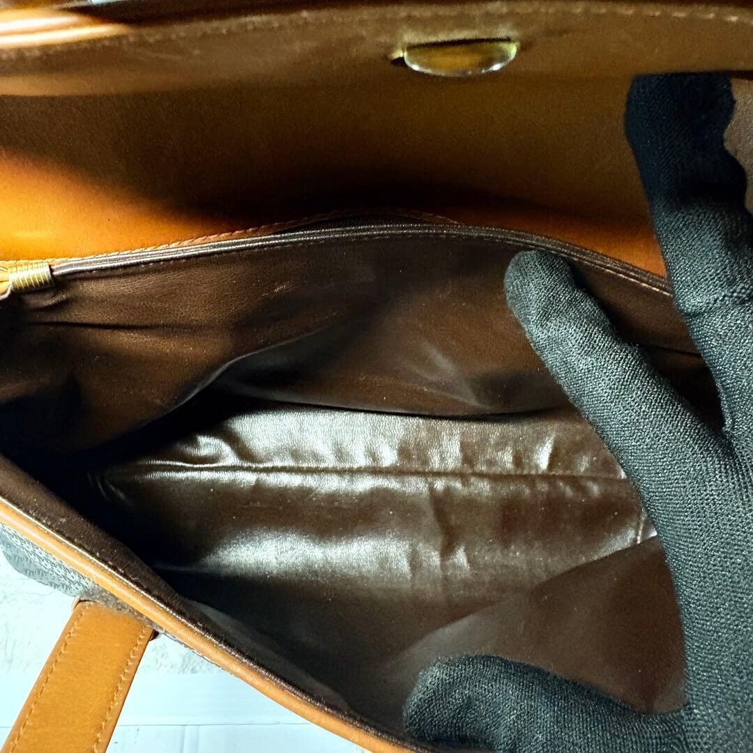 BALLY Vintage Monogram Tote Bag Black Brown Canvas Leather Women Flap 32cm