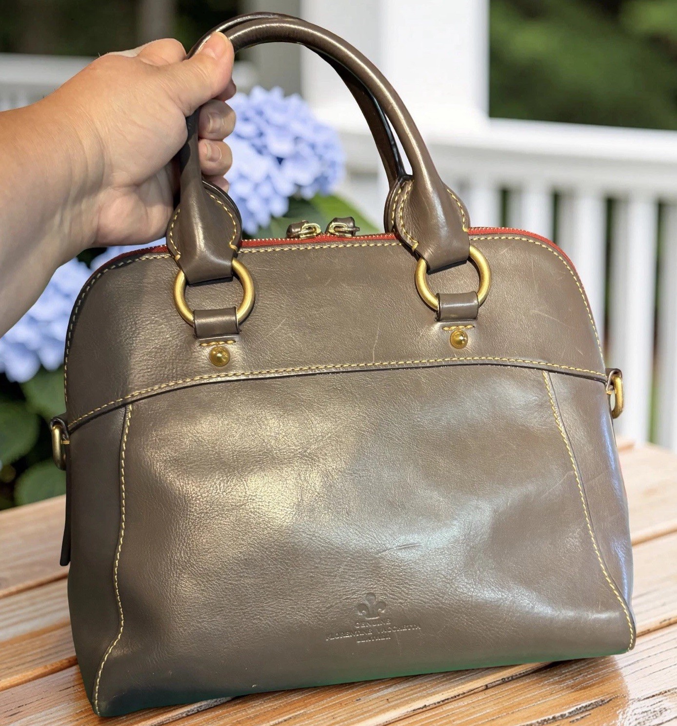 Dooney Bourke Elephant Gray Cameron Florentine Vacchetta Leather Satchel Bag