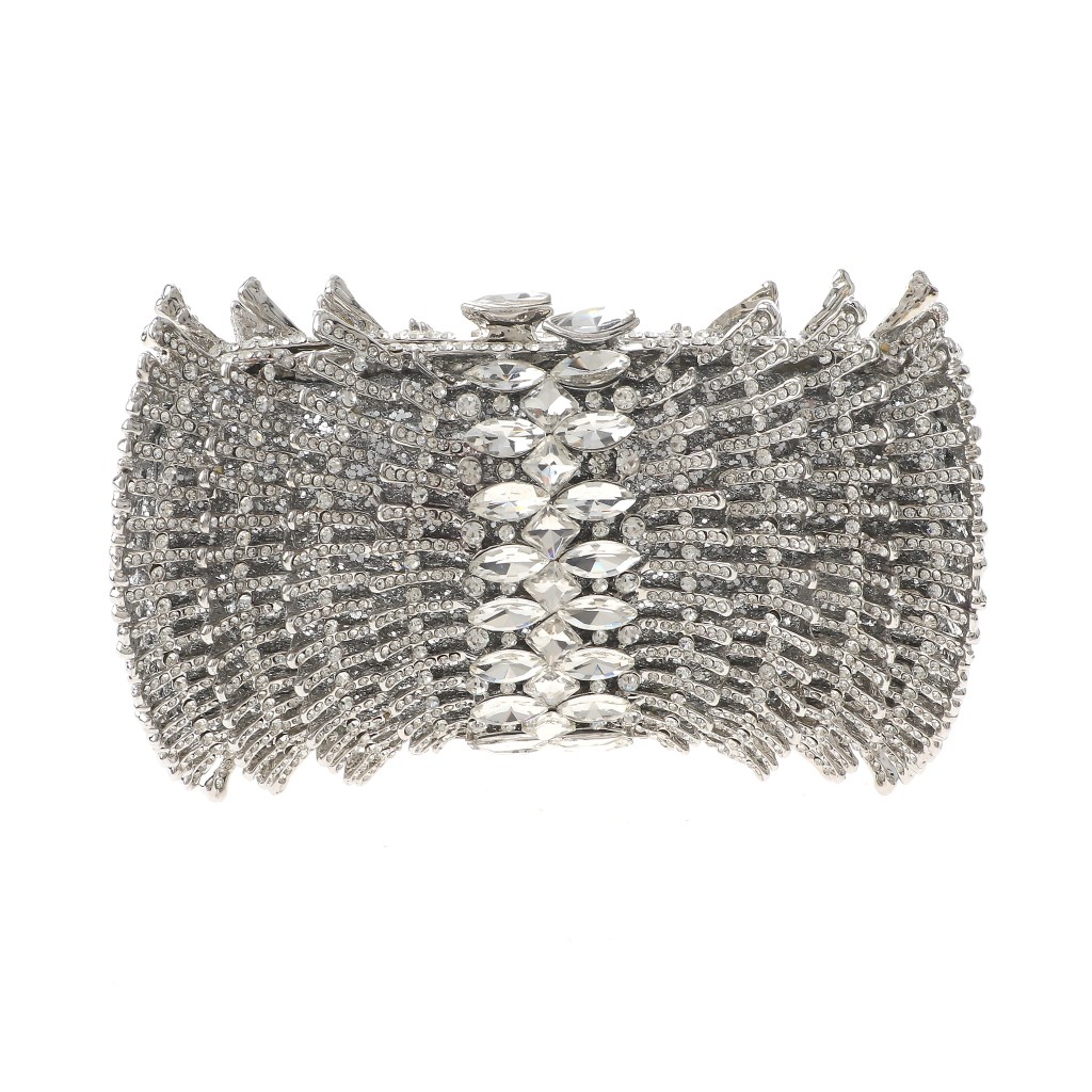 Silver Tone Alloy Metal Crystal Rhinestone Clutch Evening Bag HB6103-SCL