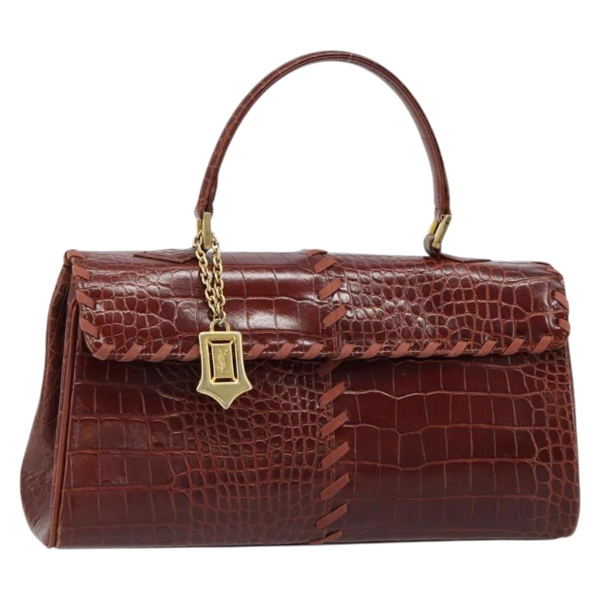SAINT LAURENT Hand Bag Embossed leather Brown Gold Auth 185996A