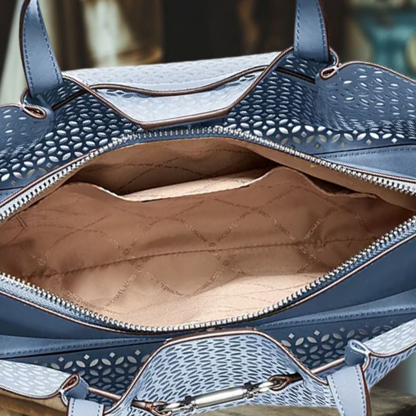 Michael Kors Carson Women MD PU Blend Floral Laser Cut Satchel Bag Pale Ocean
