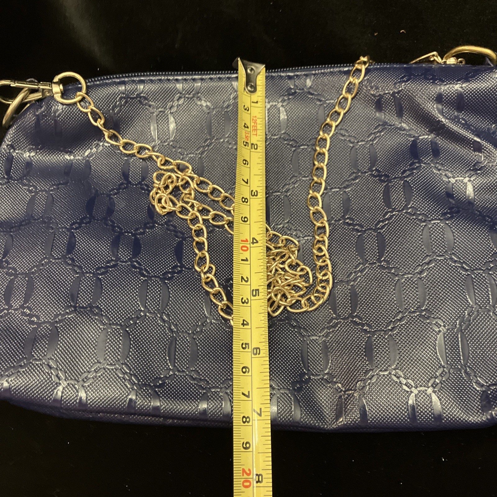 Royal Blue Embossed Unbranded Purse w/ Gold Tone Chain Strap & Accent Zip Close