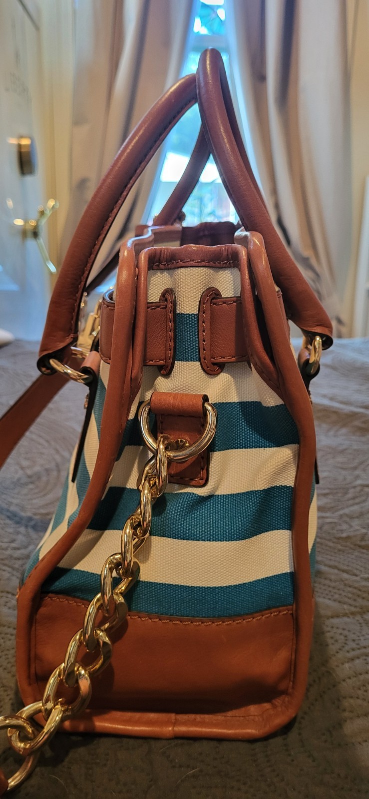 Michael Kors Blue/White Striped Satchel Top Handle Bag Lock & Key Gold Hardware