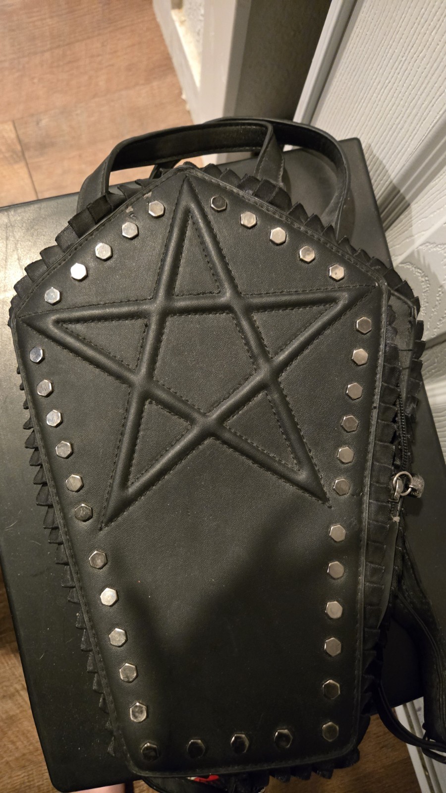 Coffin Shape Pentagram Studded Black Backpack Zip Lined Crossbody Strap