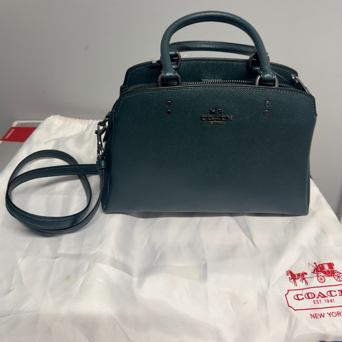 Coach Purse Bag Mini Lillie Carryall XGN LTH Crossgrain Forest Green W/ Dust Bag