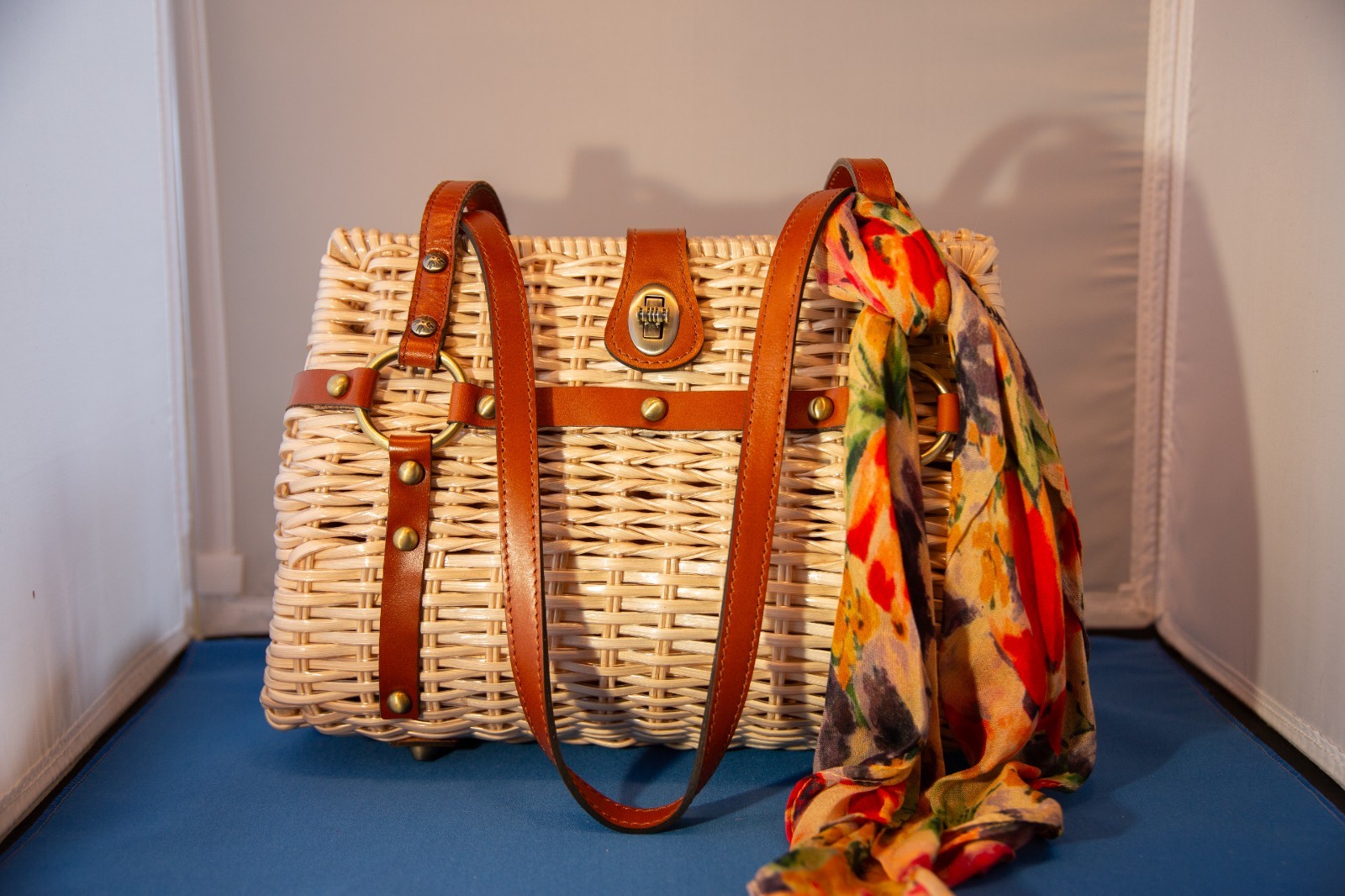 Patricia Nash Wicker Satchel Brown Leather Trim Handbag with Scarf Accessory