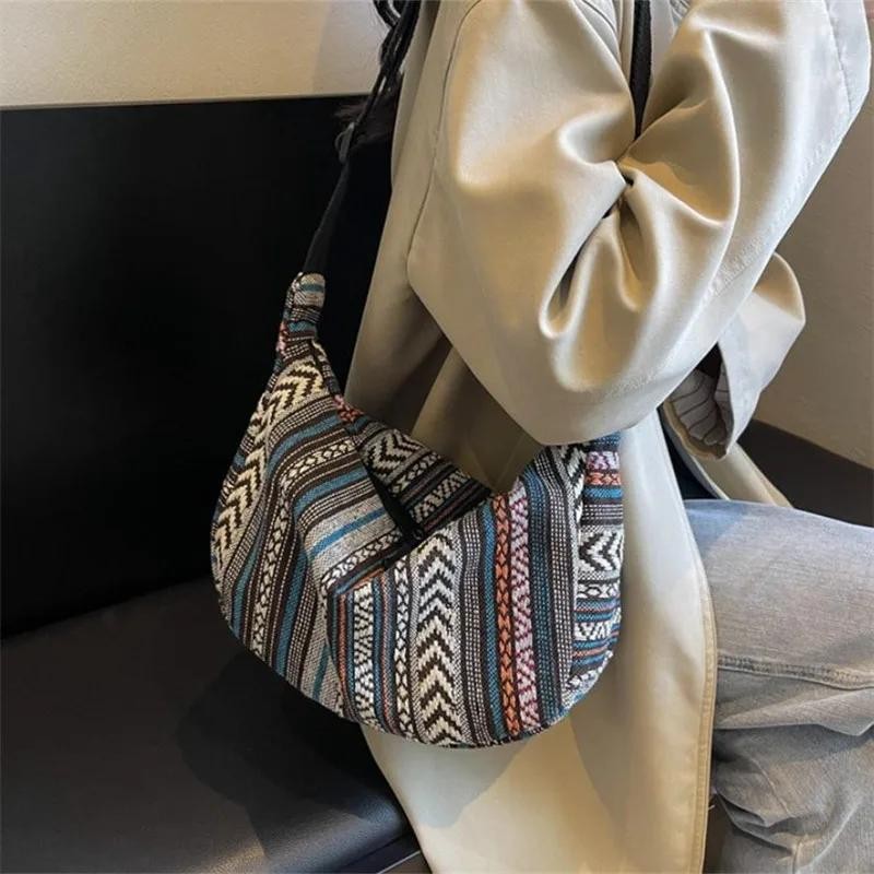Foldable Tribal Crossbody Bag Striped Pattern Casual Shoulder Travel Handbag