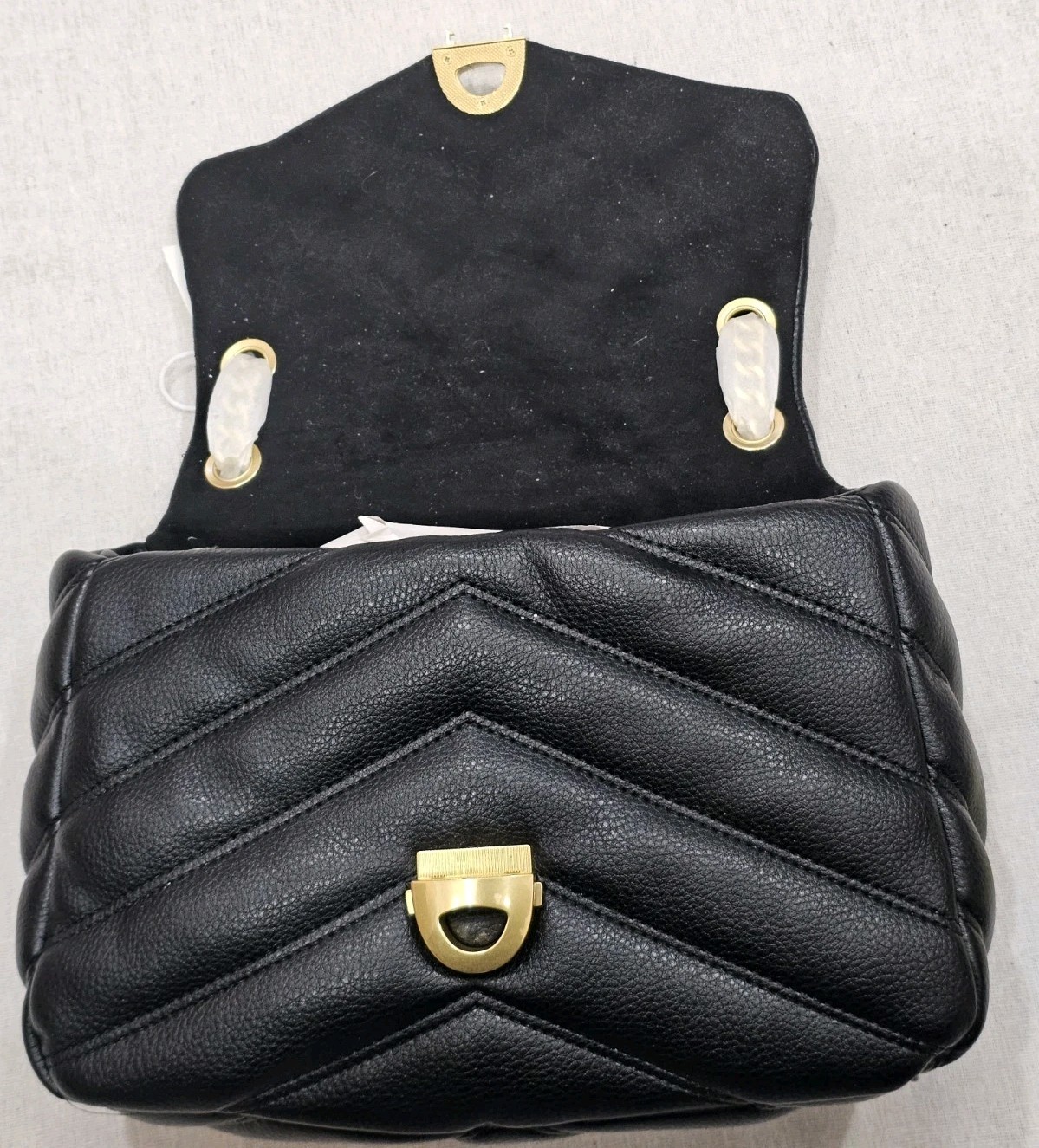 Black Soft Quilted Faux Leather Flap Bag Adjustable Shoulder Strap Gold Chain