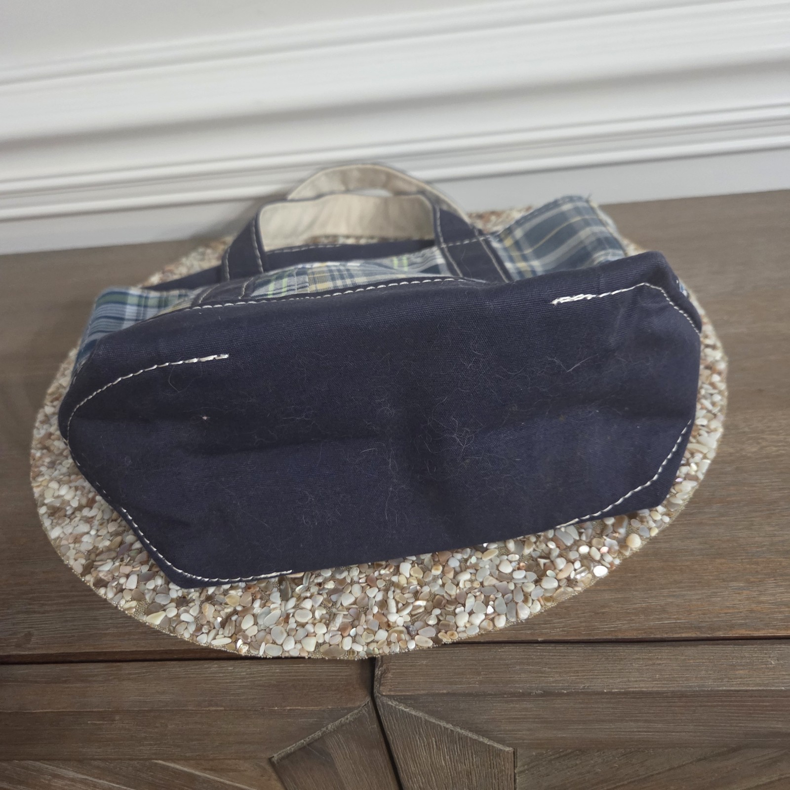 LL Bean Mini Boat & Tote Bag Plaid Patchwork Blue Handles Zip Close 10Lx8Hx4W