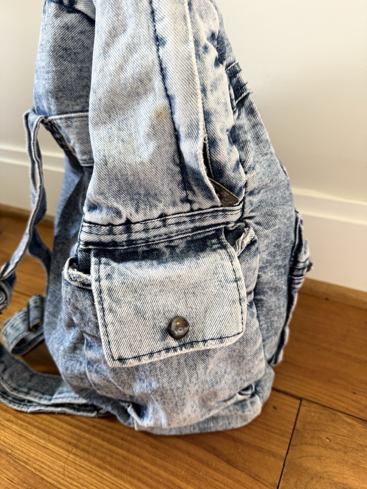 Vintage Acid Wash Denim Backpack Multi Pocket Utility Book Bag 80s 90s Blue