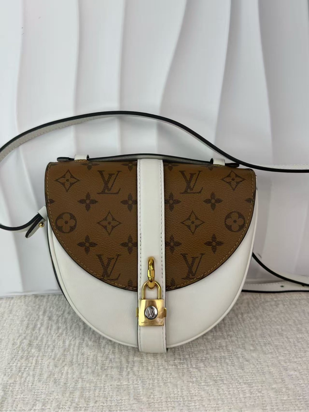 Louis Vuitton Lock It PM Monogram White Calfskin Saddle Crossbody Bag Gold LV