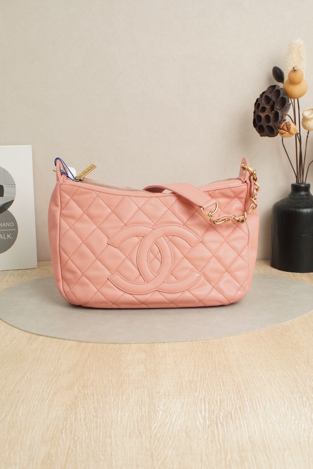 Chanel Grained Caviar Crescent Hobo Bag Sakura Pink Leather 9 Series Refreshed
