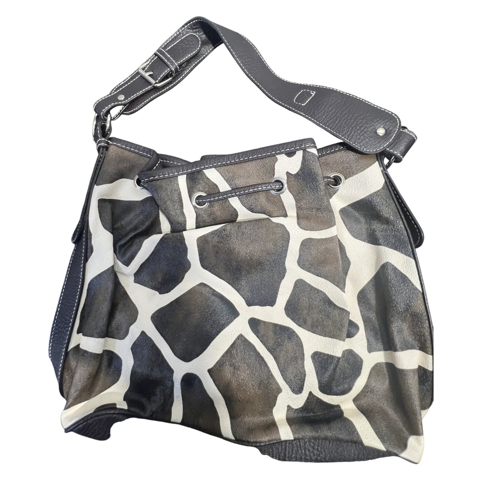 Attention Women’s Brown Leather Giraffe Print Pony Hair Drawstring Shoulder Bag