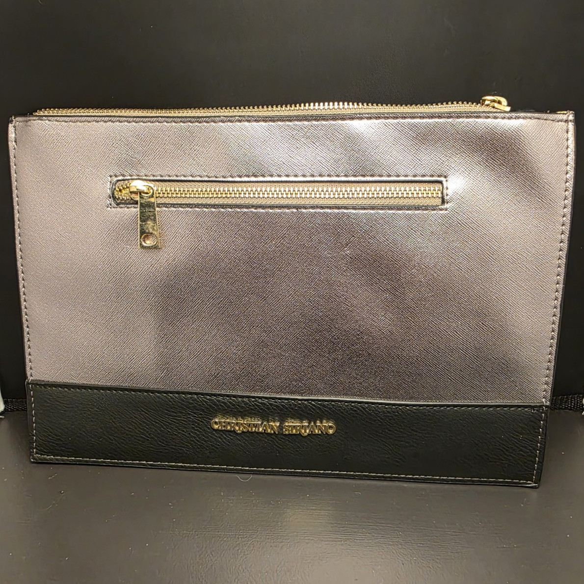 Christian Siriano Colorblock Zip Clutch Black/Gray Metallic Finish Gold Lining